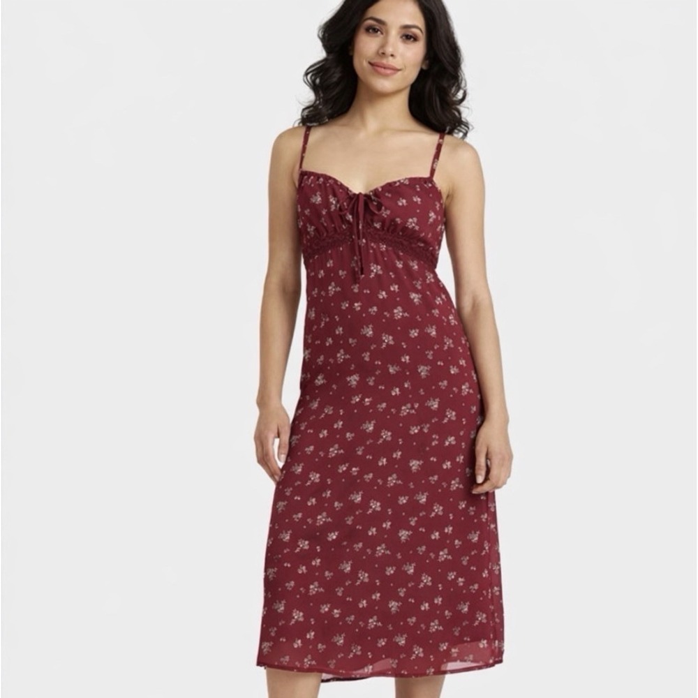 Floral Tie-Front Spaghetti Strap Dress - Burgundy